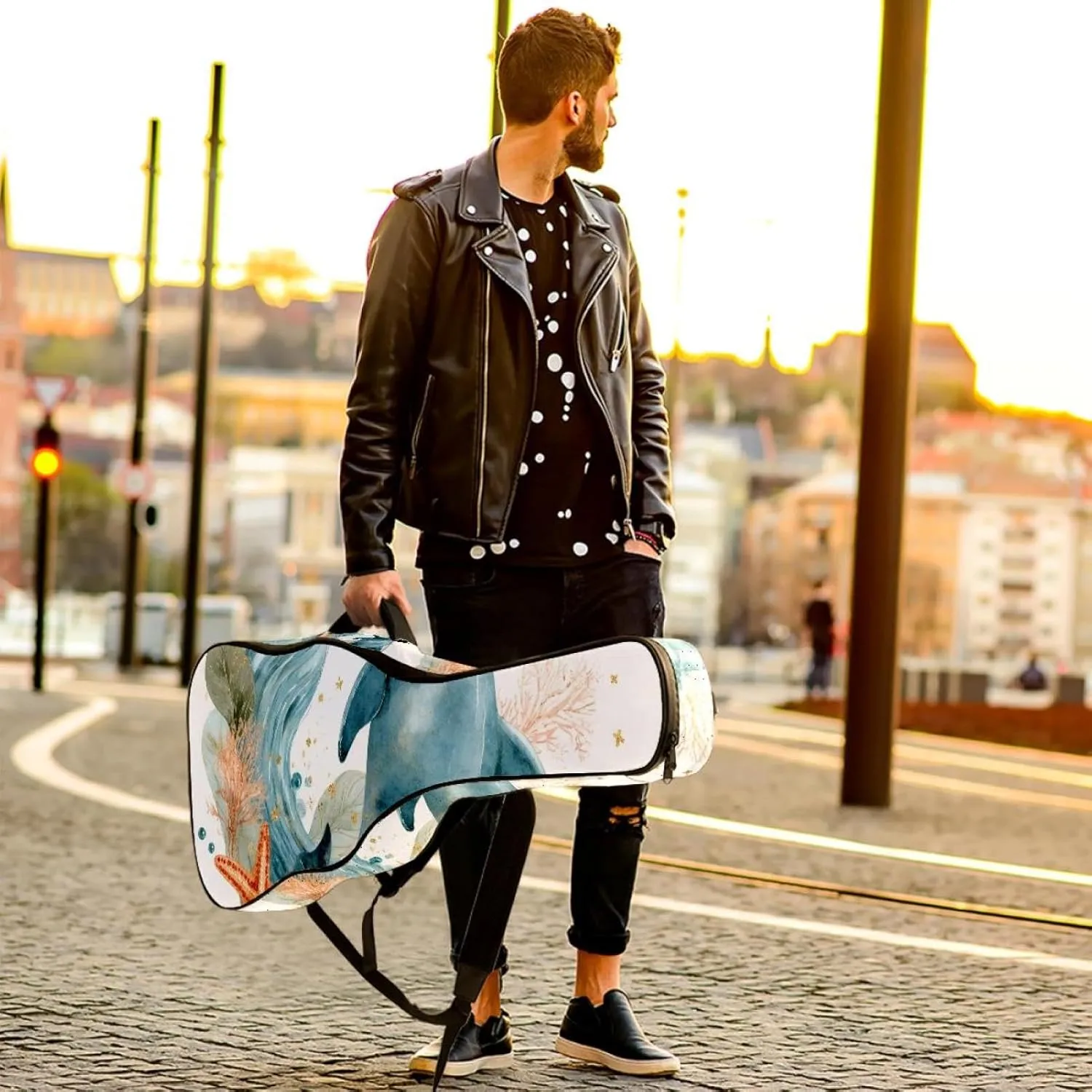 Dolphin Sea Blue Algae with Leaves Bubbles and Starfish Acoustic Guitar Bag, Guitar Case Gig Bag 40 41 42 inch with Dual Adjustable Shoulder Strap and Back Hanger Loop