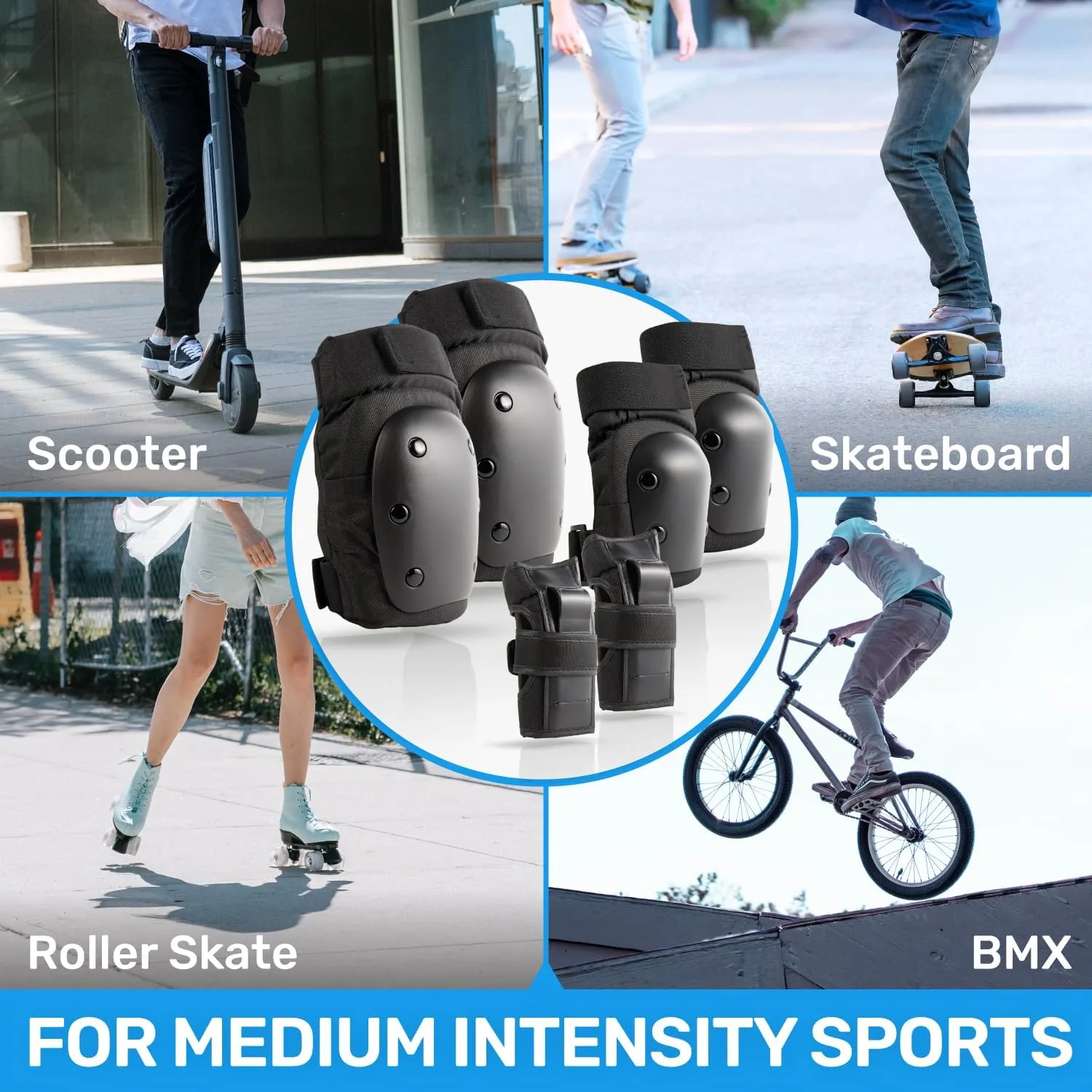 Elos Protective Gear Set: Knee Pads, Wrist Guards, Elbow Pads - Comfortable & Adjustable for Adults & Kids, Ideal for Skating, Biking, Scooter, Rollerblade & More