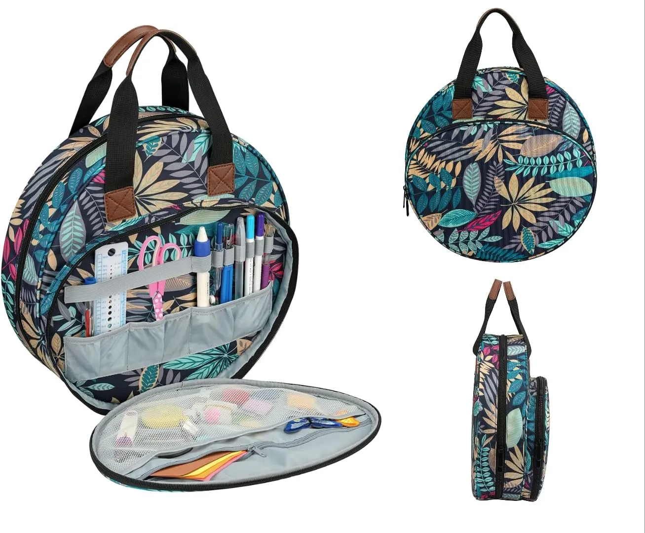Embroidery Bag for Cross Stitch Project, Portable Carrying Case Travel Tote for Embroidery Hoops, Floss, Cross Stitch Tools, Leaves