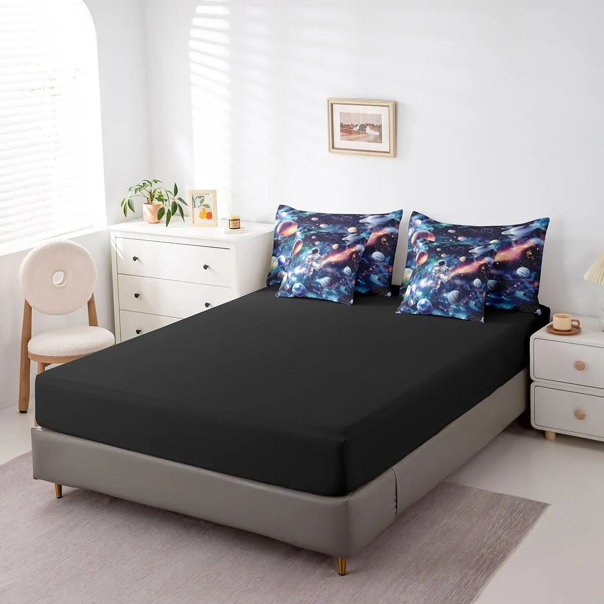 Erosebridal Kids Astronaut Comforter Set 7 Pieces King,Boys Outer Space Bedding Set 3D Planet Solar Bed in A Bag 3D Universe Interstellar Sheet Set with Comforter for Blue Bedroom Decor