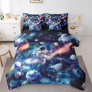 Erosebridal Kids Astronaut Comforter Set 7 Pieces King,Boys Outer Space Bedding Set 3D Planet Solar Bed in A Bag 3D Universe Interstellar Sheet Set with Comforter for Blue Bedroom Decor