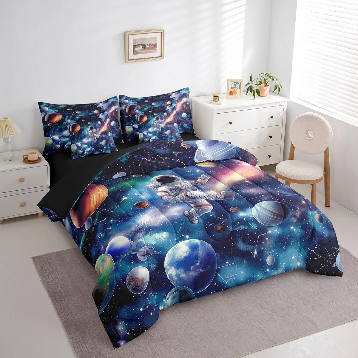 Erosebridal Kids Astronaut Comforter Set 7 Pieces King,Boys Outer Space Bedding Set 3D Planet Solar Bed in A Bag 3D Universe Interstellar Sheet Set with Comforter for Blue Bedroom Decor