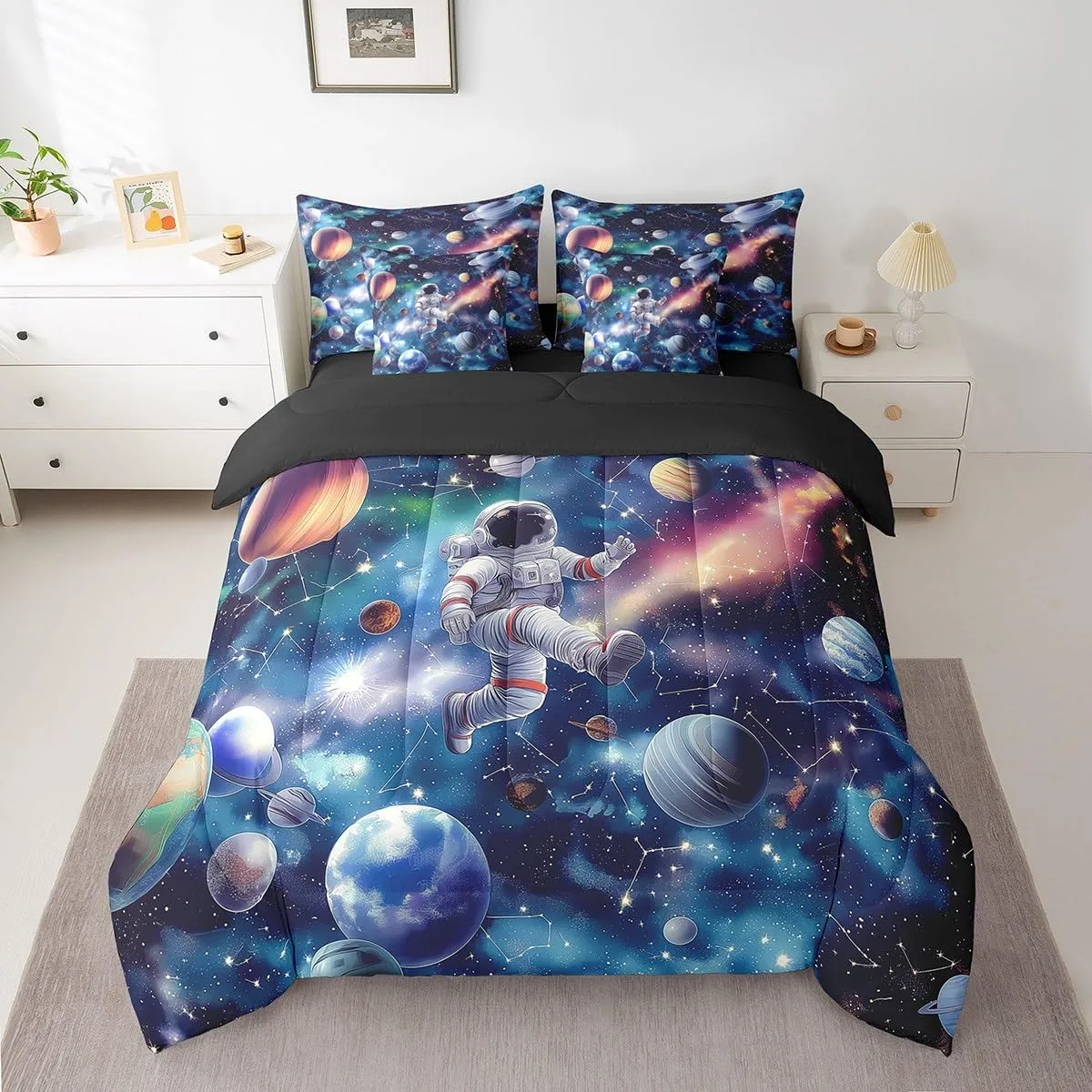 Erosebridal Kids Astronaut Comforter Set 7 Pieces King,Boys Outer Space Bedding Set 3D Planet Solar Bed in A Bag 3D Universe Interstellar Sheet Set with Comforter for Blue Bedroom Decor