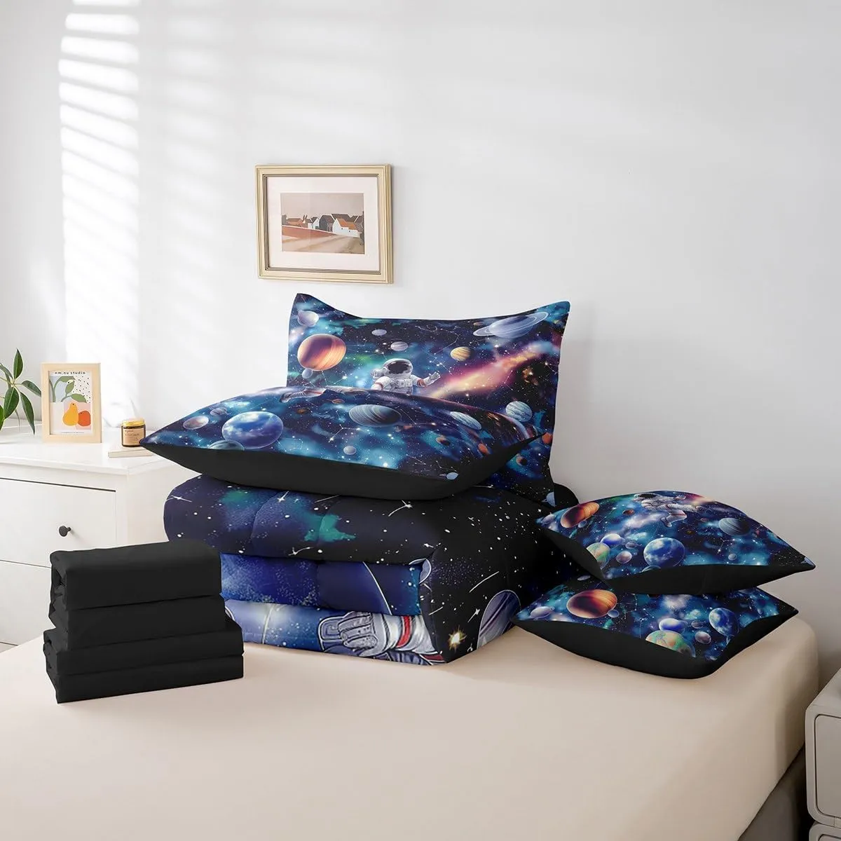 Erosebridal Kids Astronaut Comforter Set 7 Pieces King,Boys Outer Space Bedding Set 3D Planet Solar Bed in A Bag 3D Universe Interstellar Sheet Set with Comforter for Blue Bedroom Decor