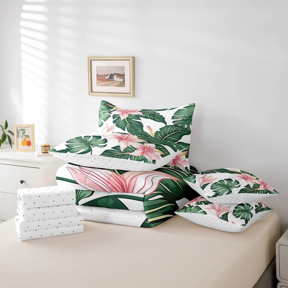 Erosebridal Palm Leaf Comforter Set with Sheets 7 Piece, Rustic Flower Bed in A Bag Full Size for Kids Teens Adult, Country Floral Bedding Sets Tropical Botanical Leaves Bed Set, Green Pink
