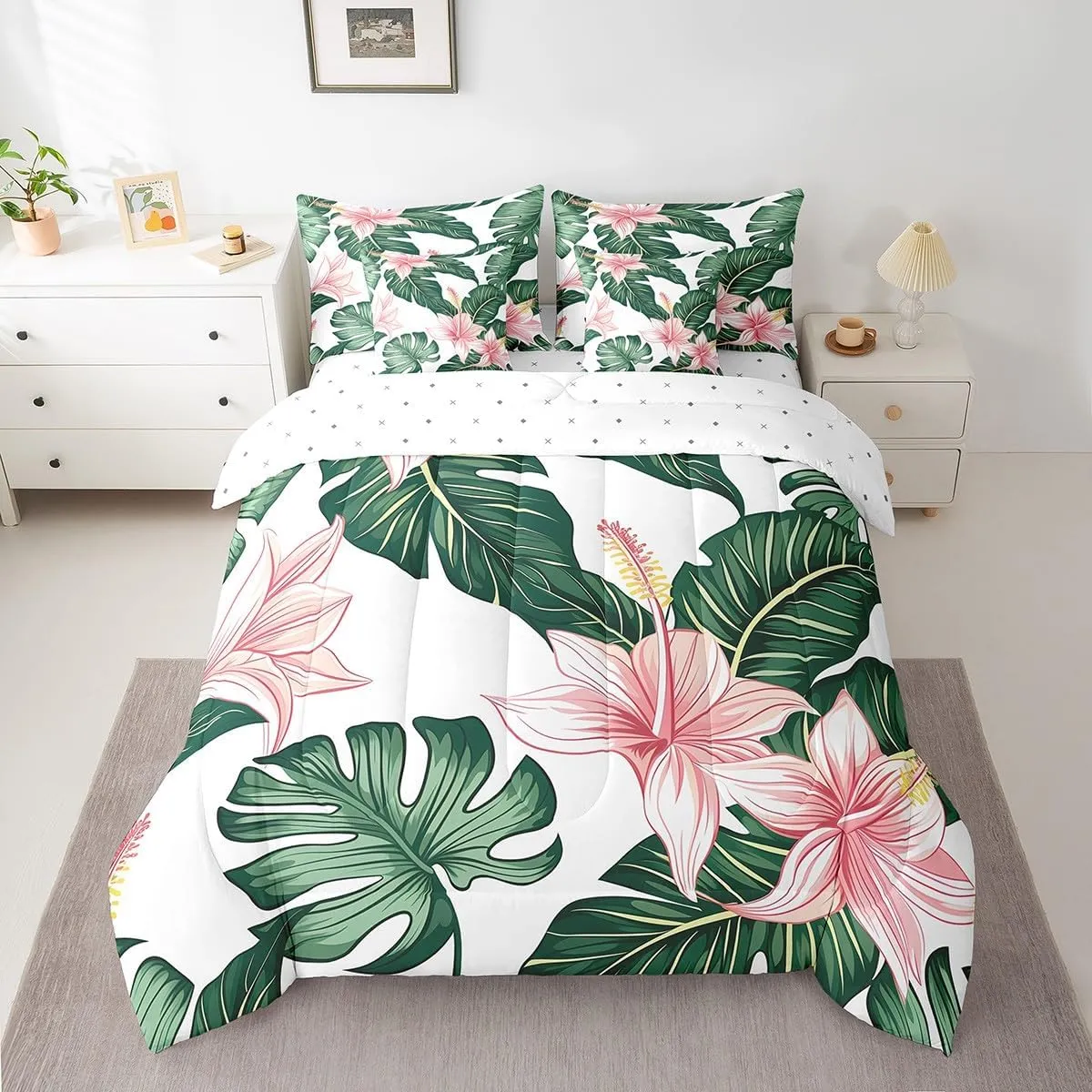 Erosebridal Palm Leaf Comforter Set with Sheets 7 Piece, Rustic Flower Bed in A Bag Full Size for Kids Teens Adult, Country Floral Bedding Sets Tropical Botanical Leaves Bed Set, Green Pink
