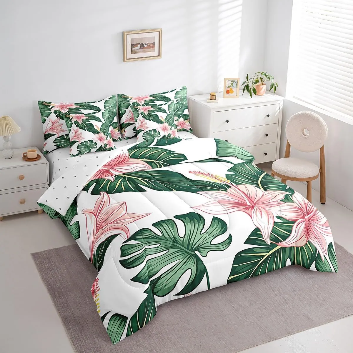 Erosebridal Palm Leaf Comforter Set with Sheets 7 Piece, Rustic Flower Bed in A Bag Full Size for Kids Teens Adult, Country Floral Bedding Sets Tropical Botanical Leaves Bed Set, Green Pink