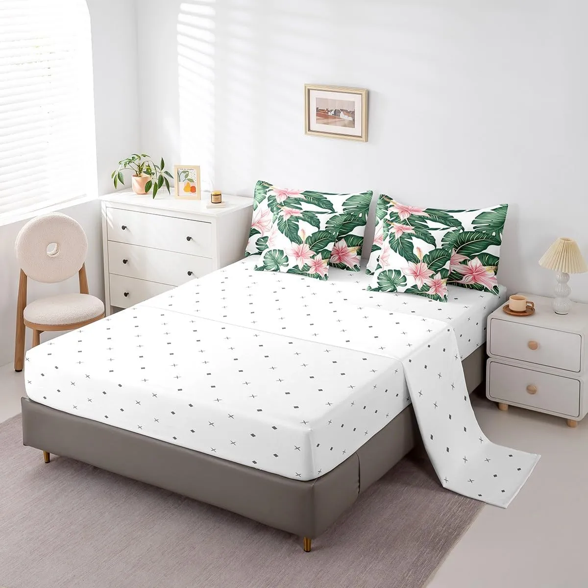 Erosebridal Palm Leaf Comforter Set with Sheets 7 Piece, Rustic Flower Bed in A Bag Full Size for Kids Teens Adult, Country Floral Bedding Sets Tropical Botanical Leaves Bed Set, Green Pink