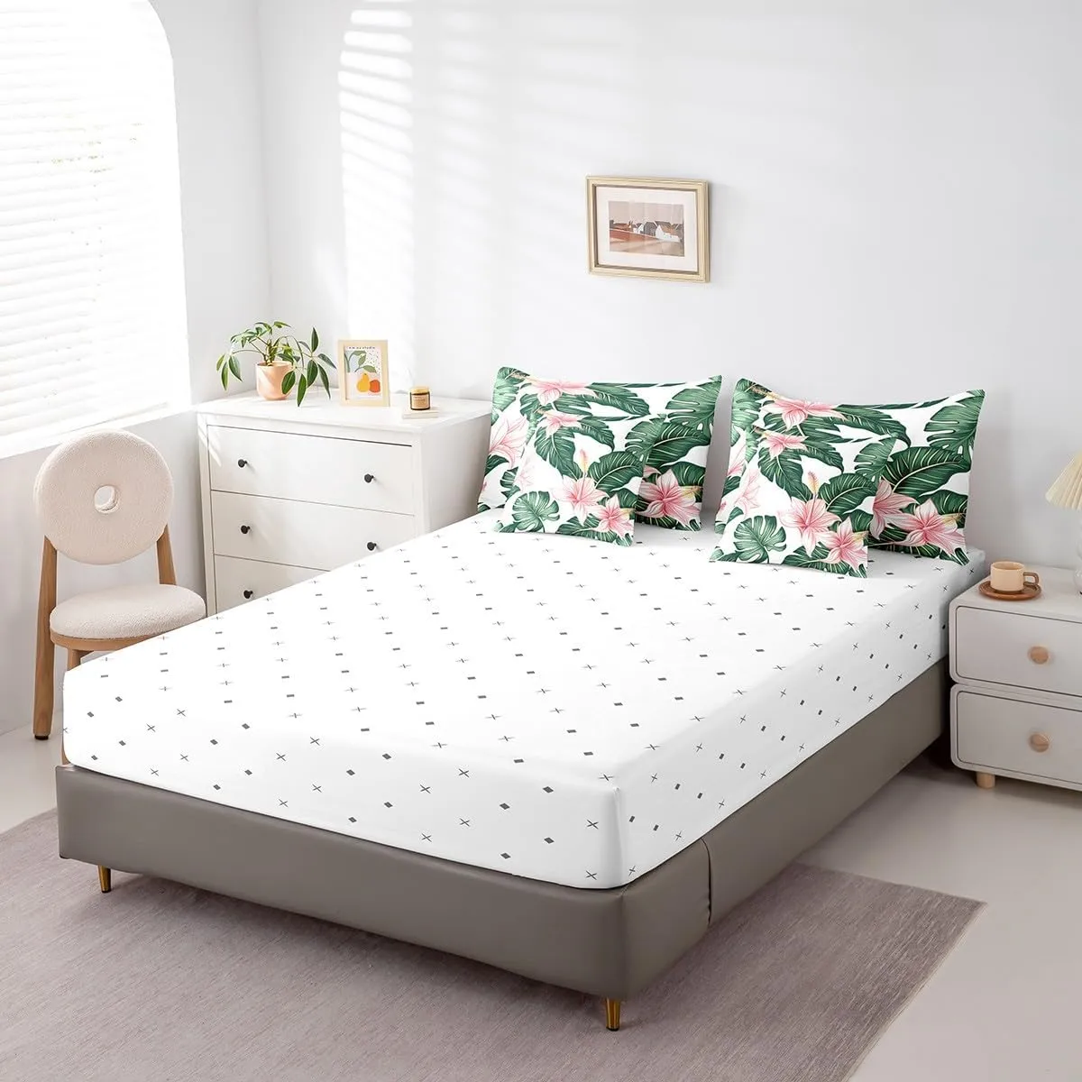 Erosebridal Palm Leaf Comforter Set with Sheets 7 Piece, Rustic Flower Bed in A Bag Full Size for Kids Teens Adult, Country Floral Bedding Sets Tropical Botanical Leaves Bed Set, Green Pink