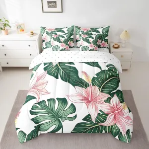 Erosebridal Palm Leaf Comforter Set with Sheets 7 Piece, Rustic Flower Bed in A Bag Full Size for Kids Teens Adult, Country Floral Bedding Sets Tropical Botanical Leaves Bed Set, Green Pink