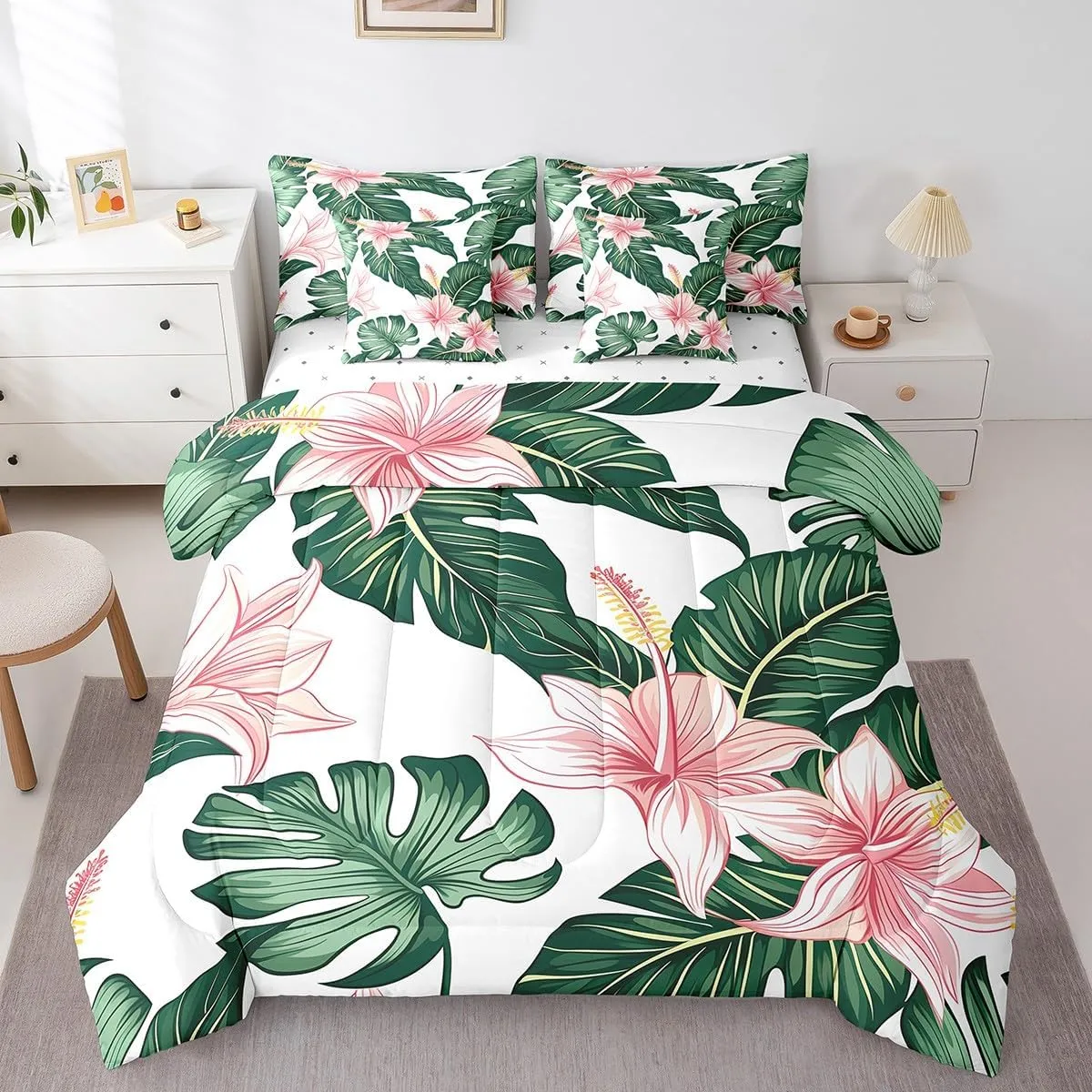 Erosebridal Palm Leaf Comforter Set with Sheets 7 Piece, Rustic Flower Bed in A Bag Full Size for Kids Teens Adult, Country Floral Bedding Sets Tropical Botanical Leaves Bed Set, Green Pink