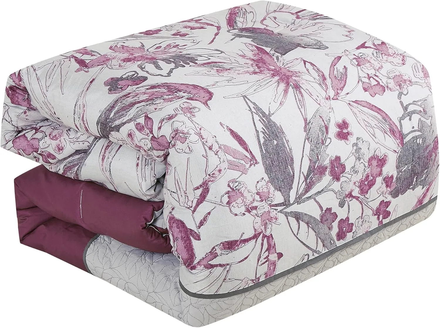 ESCA Bed-in-a-Bag 9-Pieces Ontina Floral Gray & Purple Comforter and Sheet Set Queen Size Bed in Bag