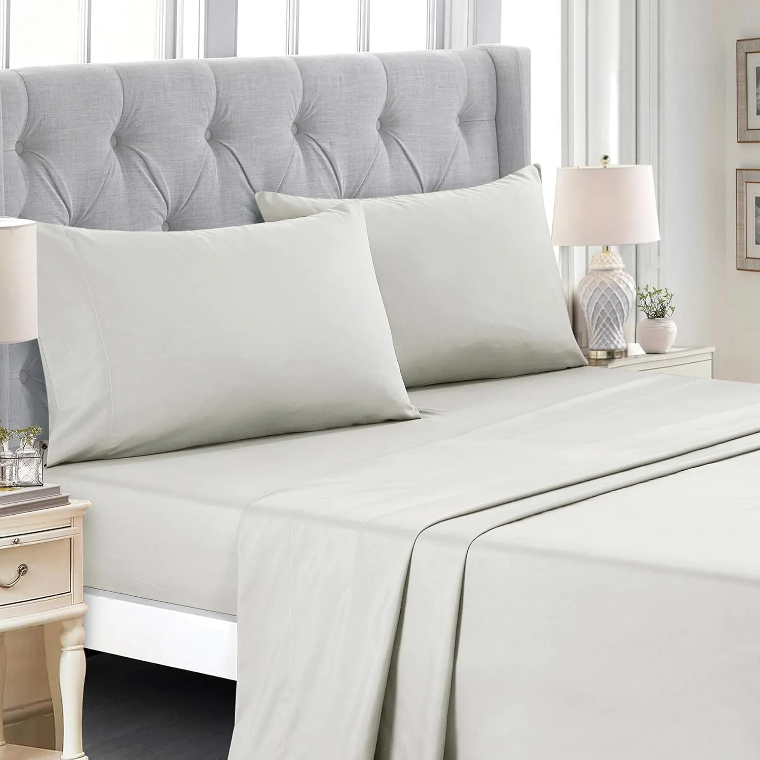 ESCA Bed-in-a-Bag 9-Pieces Ontina Floral Gray & Purple Comforter and Sheet Set Queen Size Bed in Bag