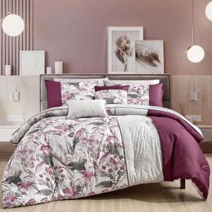 ESCA Bed-in-a-Bag 9-Pieces Ontina Floral Gray & Purple Comforter and Sheet Set Queen Size Bed in Bag