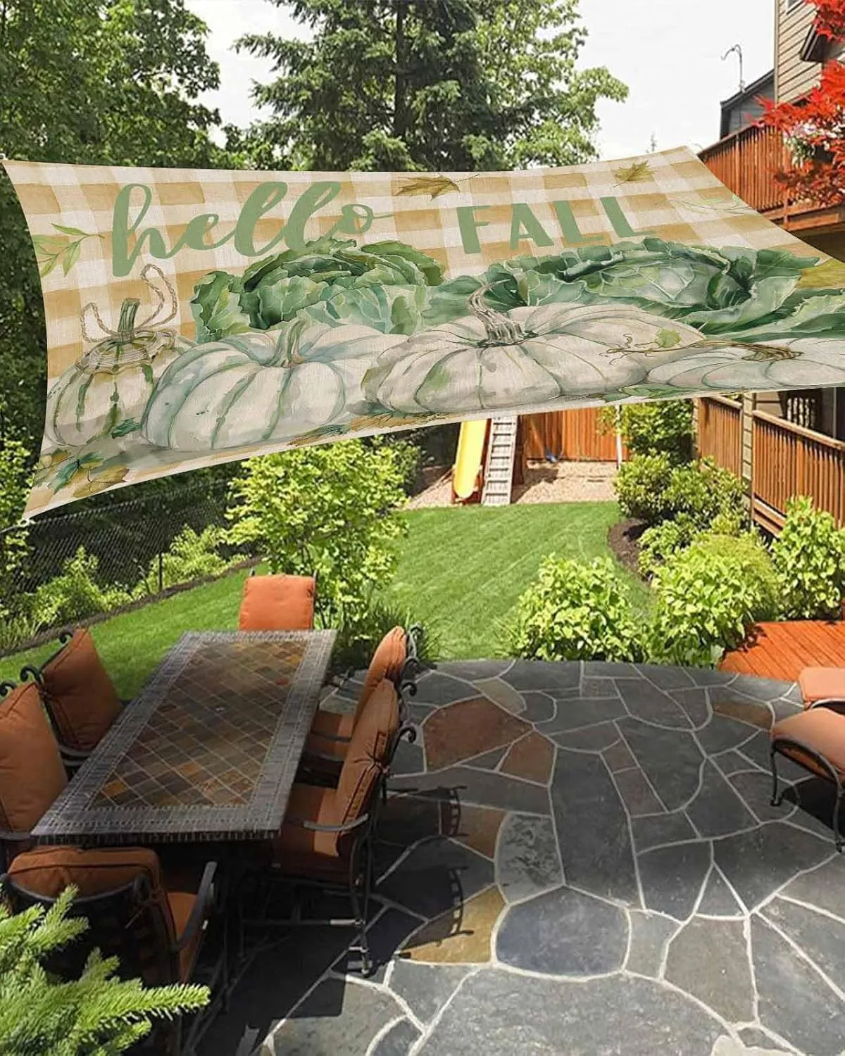 Fall Thanksgiving Outdoor Patio Sun Shade Sail 12' x 16' Rectangle Waterproof Sun Sail Shades UV Block Sunshades Autumn Green Pumpkin Maple Leaf Check Plaid Patio Shade for Backyard Garden Outside