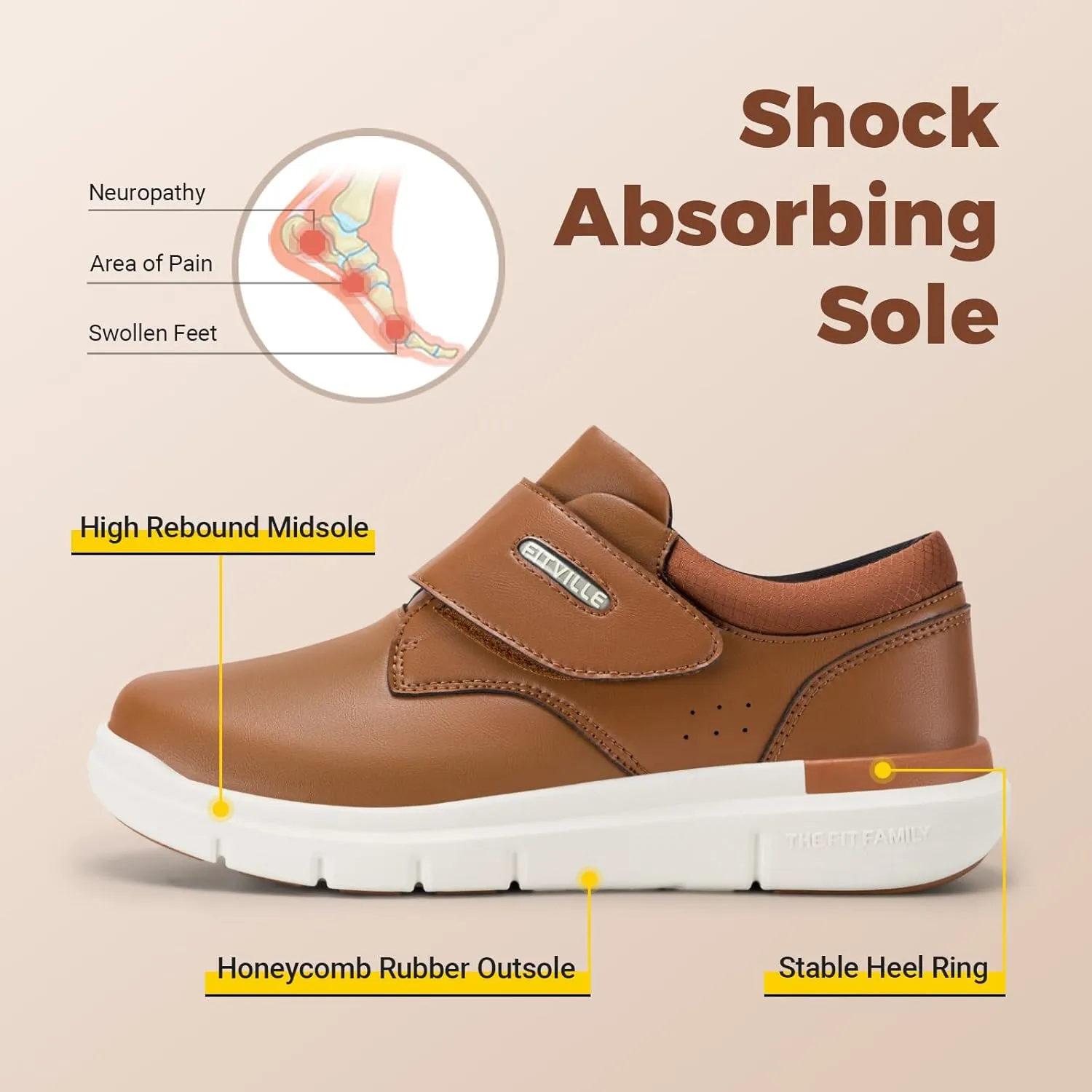 FitVille Diabetic Shoes for Men Extra Wide Slip-on Walking Shoes for Edema Hook & Loop Recovery Leather Oxford Shoes for Swollen Feet