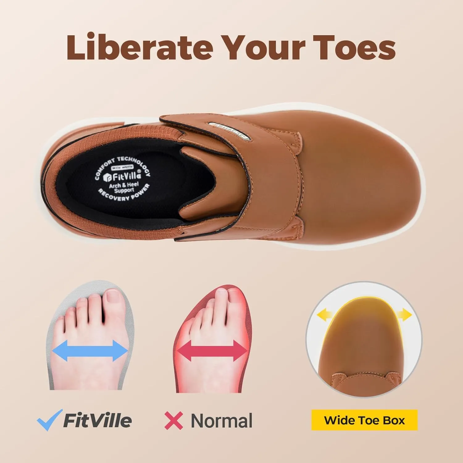 FitVille Diabetic Shoes for Men Extra Wide Slip-on Walking Shoes for Edema Hook & Loop Recovery Leather Oxford Shoes for Swollen Feet