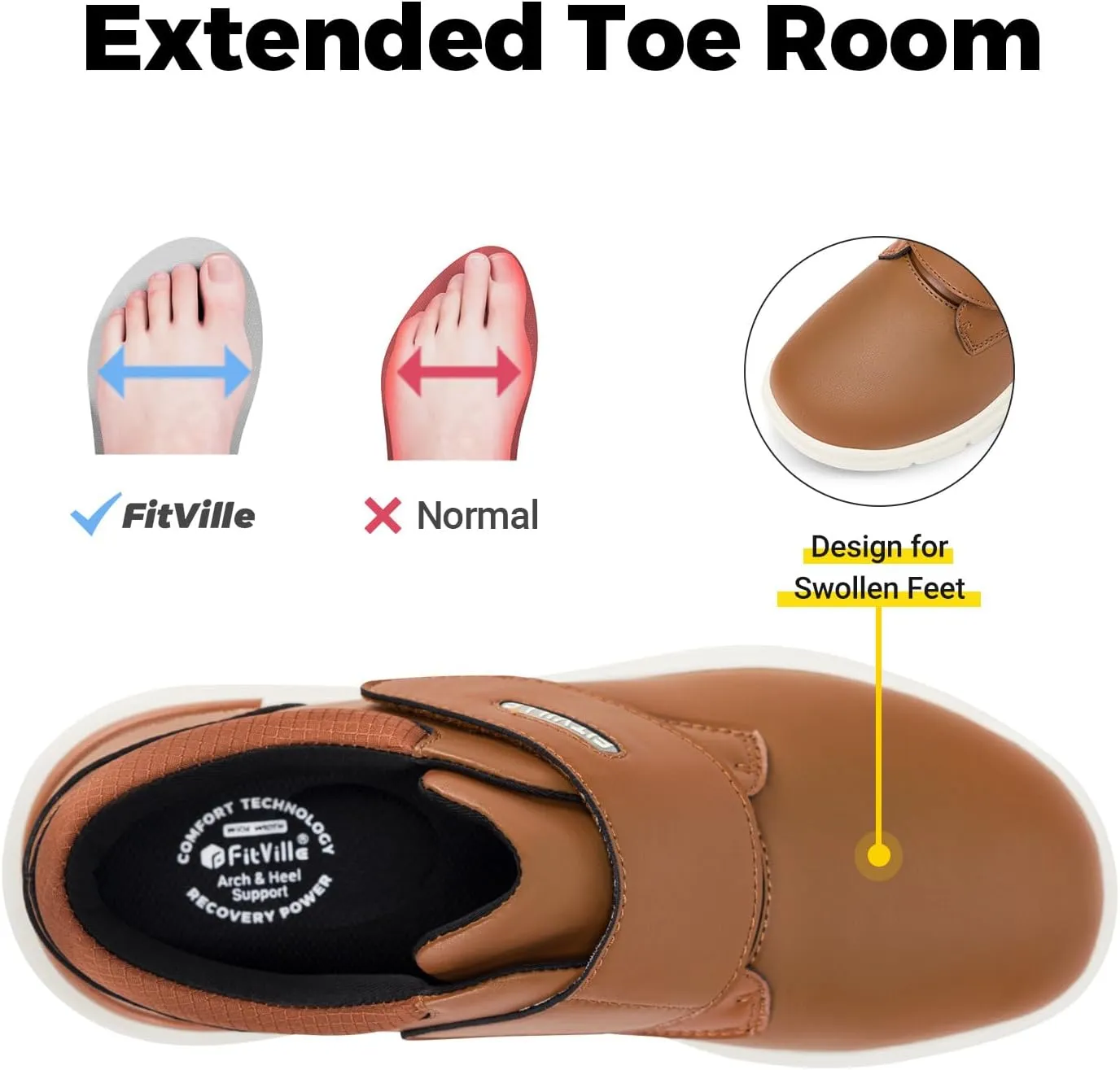 FitVille Diabetic Shoes for Men Extra Wide Slip-on Walking Shoes for Edema Hook & Loop Recovery Leather Oxford Shoes for Swollen Feet