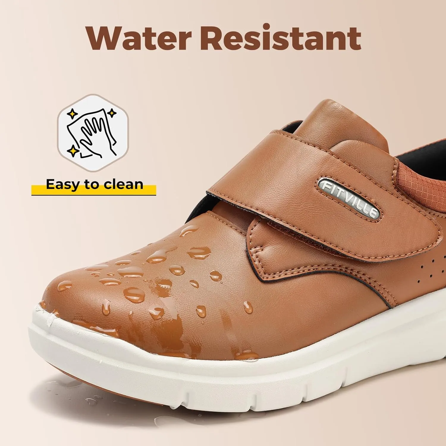 FitVille Diabetic Shoes for Men Extra Wide Slip-on Walking Shoes for Edema Hook & Loop Recovery Leather Oxford Shoes for Swollen Feet