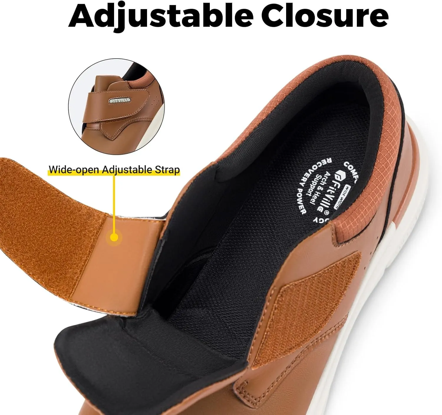 FitVille Diabetic Shoes for Men Extra Wide Slip-on Walking Shoes for Edema Hook & Loop Recovery Leather Oxford Shoes for Swollen Feet