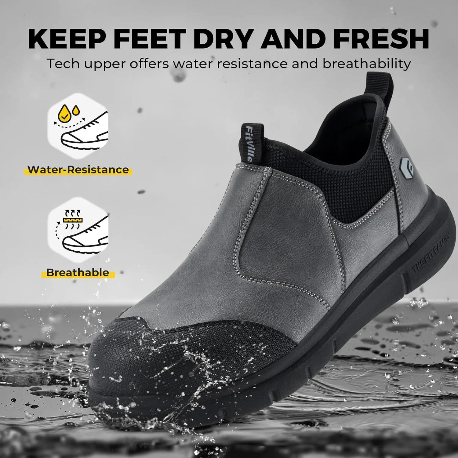 FitVille Extra Wide Men's Slip on Composite Toe Shoes Safety Toe Work Shoes for Men Puncture Proof