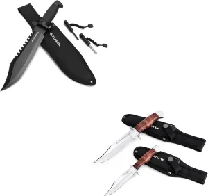 FLISSA 15-inch Fixed Blade Tactical Bowie Knife with Sharpener & Fire Starter and 2-piece Bowie Knife with Sheath