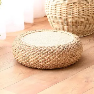 Floor Round Pouf Tatami Seat Cushion, 23.6" Dia. x 6.7" H Japanese Style Handcrafted Eco-Friendly Padded Knitted Straw Flat Seat Cushion, Straw Weave Handmade Pillow for Floor