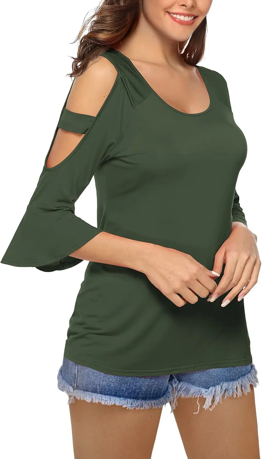 Florboom Womens Cold Shoulder Top Summer Basic T Shirts 3/4 Sleeve Casual Blouse Tshirts