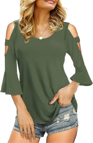 Florboom Womens Cold Shoulder Top Summer Basic T Shirts 3/4 Sleeve Casual Blouse Tshirts