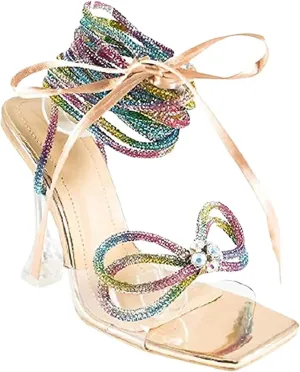 Forever Link Women's Rhinestones Ankle Strap Platform High Chunky Heels Party Sandal Pumps Rainbow Size 9
