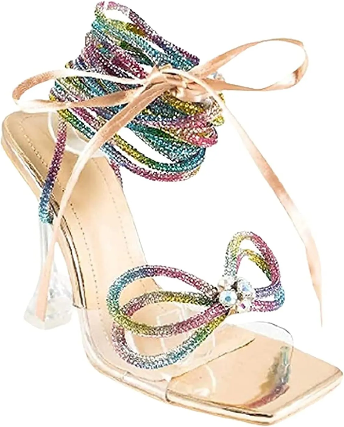 Forever Link Women's Rhinestones Ankle Strap Platform High Chunky Heels Party Sandal Pumps Rainbow Size 9