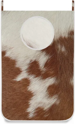 Fragment of a Skin of a Cow Brown White Mixed Color Real Cow Skin Hanging Laundry Hamper Bag, Dirty Clothes Bag over the Door, Wall Cloth Basket with Hooks Storage Closet for Bathroom Bedroom