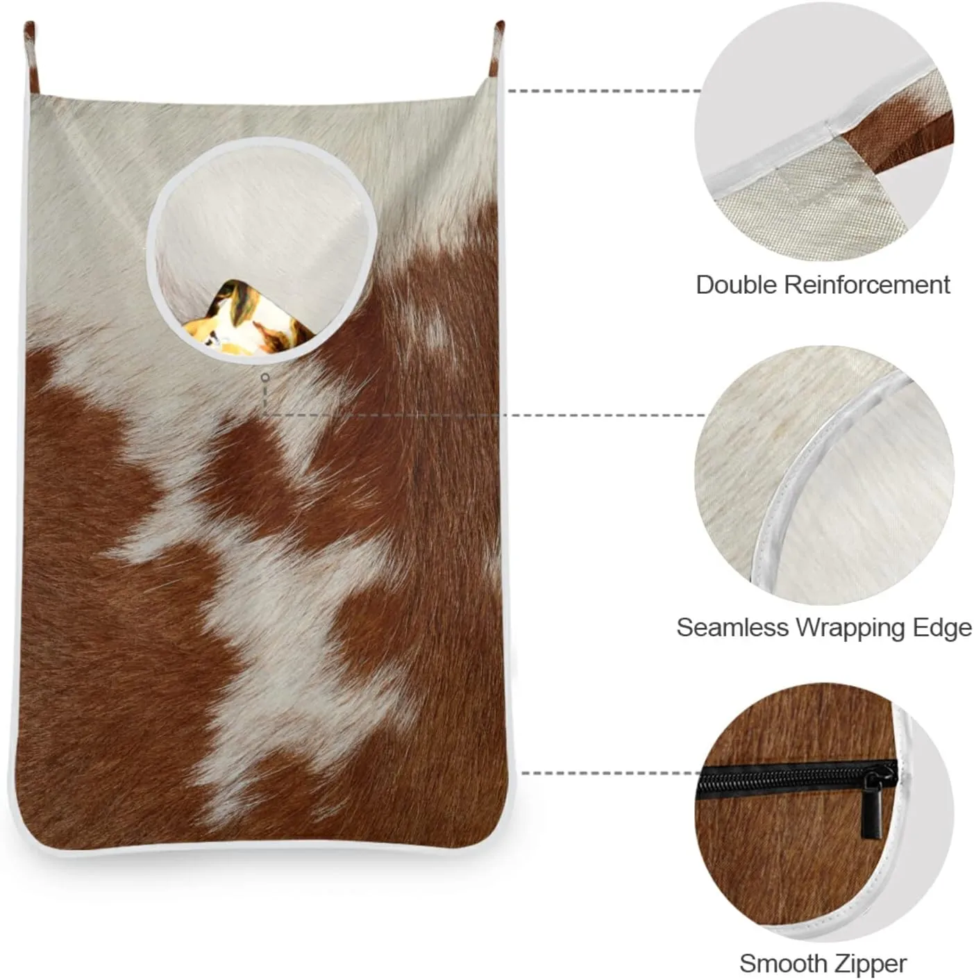 Fragment of a Skin of a Cow Brown White Mixed Color Real Cow Skin Hanging Laundry Hamper Bag, Dirty Clothes Bag over the Door, Wall Cloth Basket with Hooks Storage Closet for Bathroom Bedroom