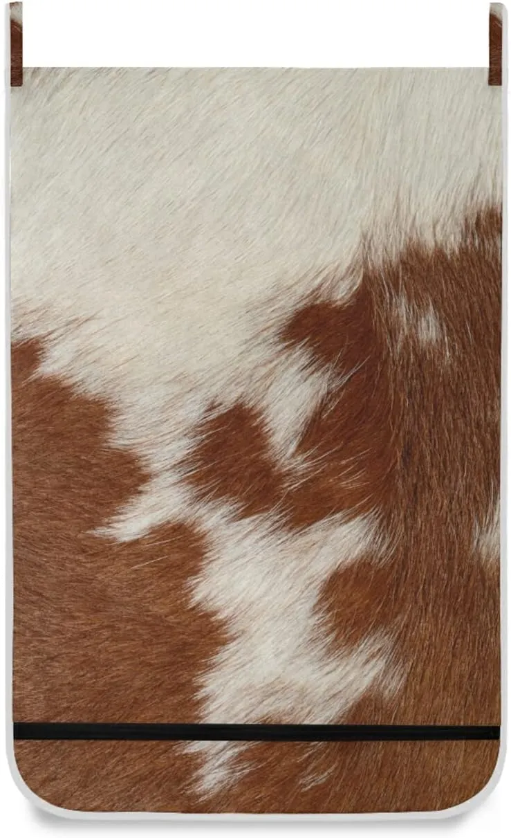 Fragment of a Skin of a Cow Brown White Mixed Color Real Cow Skin Hanging Laundry Hamper Bag, Dirty Clothes Bag over the Door, Wall Cloth Basket with Hooks Storage Closet for Bathroom Bedroom