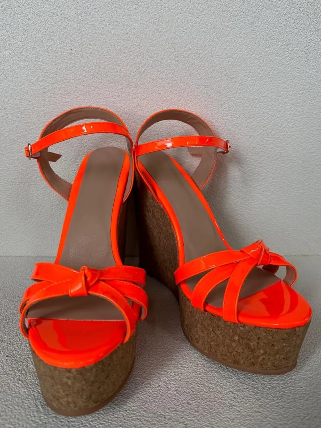 Frankie Hsu Ladies Sexy Platform Wedge Sandals, Fluorescent Orange Patent Oak High Heeled, Large Big Size US5-19 Unisex Shoes For Women Men