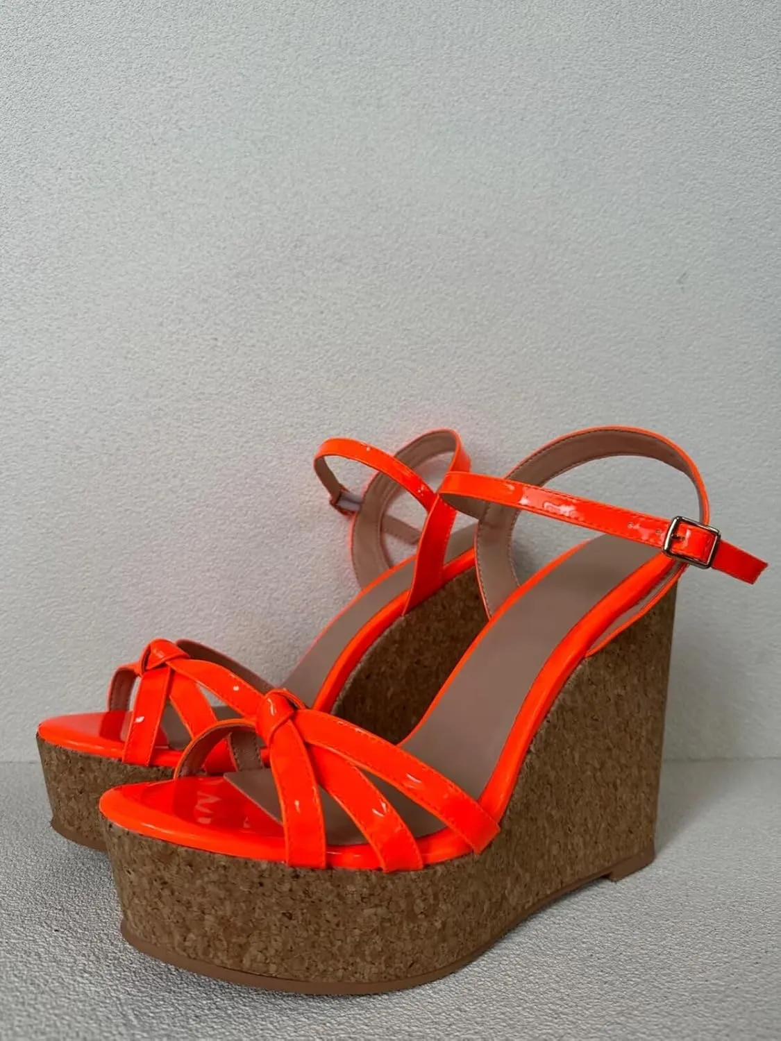 Frankie Hsu Ladies Sexy Platform Wedge Sandals, Fluorescent Orange Patent Oak High Heeled, Large Big Size US5-19 Unisex Shoes For Women Men