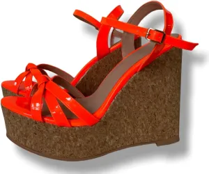 Frankie Hsu Ladies Sexy Platform Wedge Sandals, Fluorescent Orange Patent Oak High Heeled, Large Big Size US5-19 Unisex Shoes For Women Men