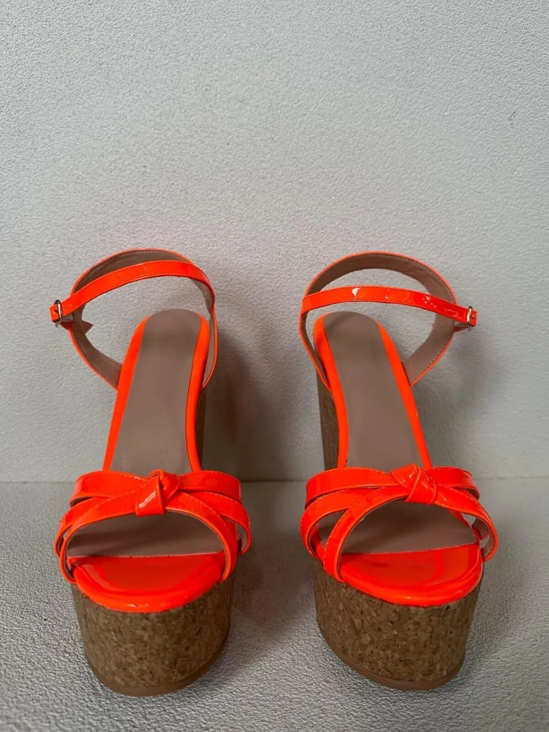 Frankie Hsu Ladies Sexy Platform Wedge Sandals, Fluorescent Orange Patent Oak High Heeled, Large Big Size US5-19 Unisex Shoes For Women Men
