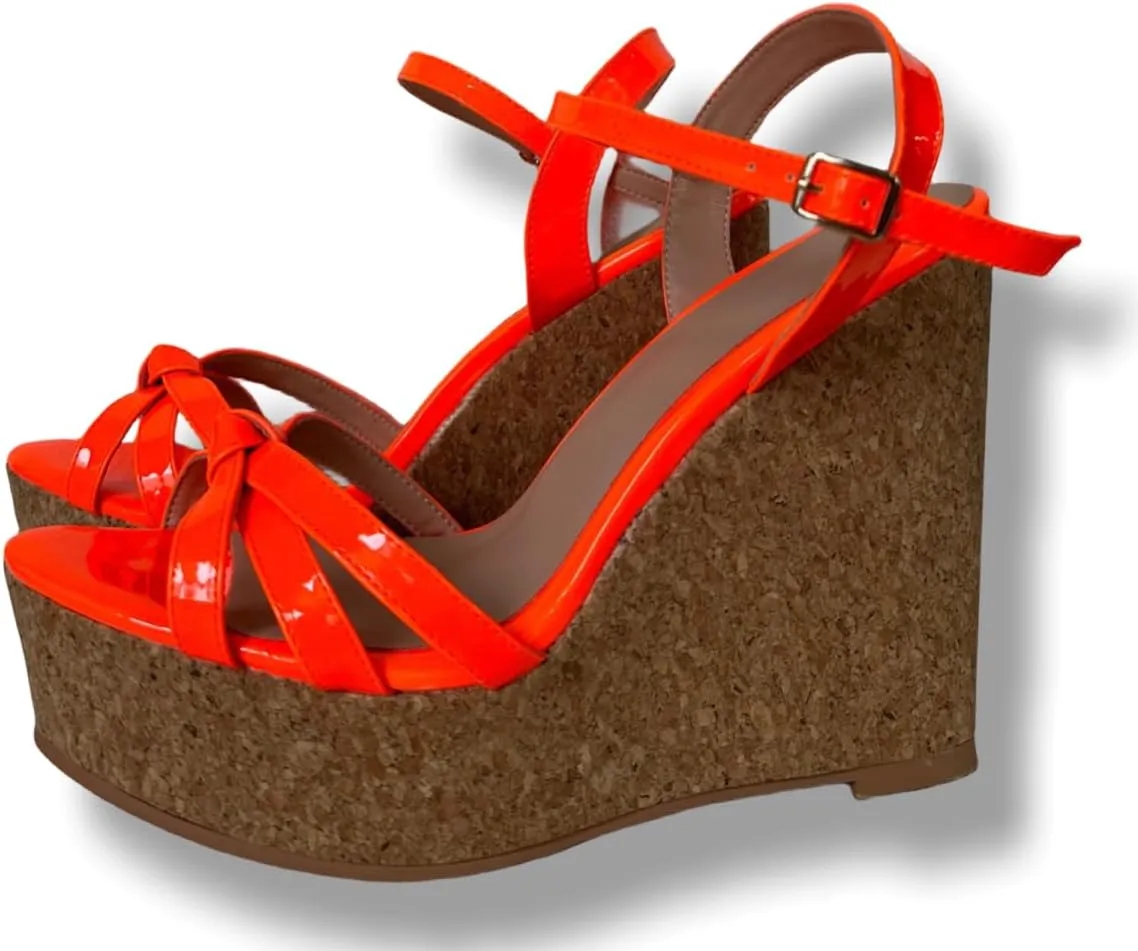 Frankie Hsu Ladies Sexy Platform Wedge Sandals, Fluorescent Orange Patent Oak High Heeled, Large Big Size US5-19 Unisex Shoes For Women Men