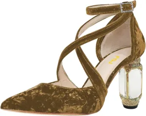 FSJ Women Chic Cross Strap Velvet Pumps Pointed Closed Toe Crystal Chunky High Heel Buckle Ankle Strap Fashion Party Dress Shoes Size 4-16 US