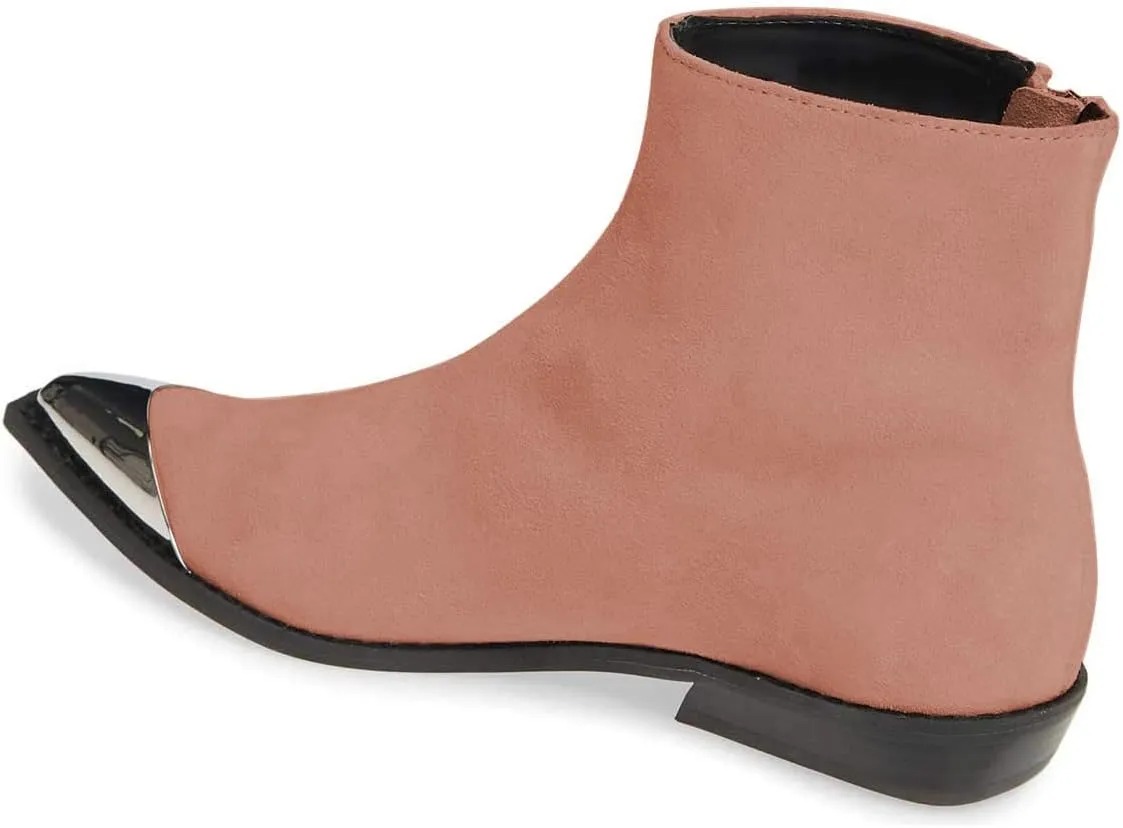 FSJ Women Comfy Western Flat Ankle Boots Low Heel Pointed Toe Side Zipper Booties Dress Daily Work Shoes Size 4-15 US
