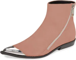 FSJ Women Comfy Western Flat Ankle Boots Low Heel Pointed Toe Side Zipper Booties Dress Daily Work Shoes Size 4-15 US