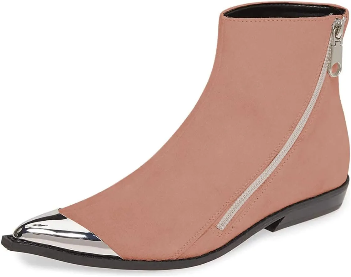 FSJ Women Comfy Western Flat Ankle Boots Low Heel Pointed Toe Side Zipper Booties Dress Daily Work Shoes Size 4-15 US