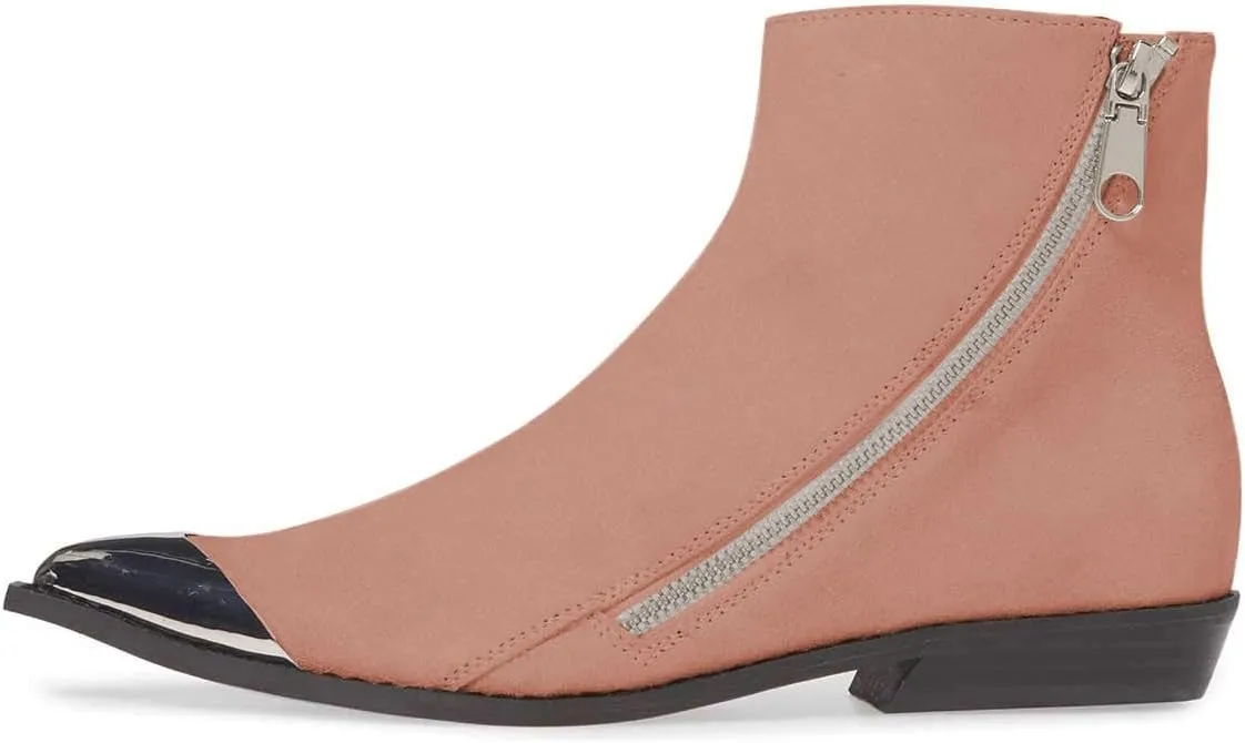 FSJ Women Comfy Western Flat Ankle Boots Low Heel Pointed Toe Side Zipper Booties Dress Daily Work Shoes Size 4-15 US