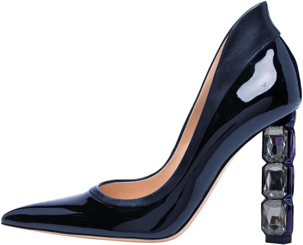 FSJ Women Pointed Toe Slip On Crystal Pumps Gorgeous Three Diamonds High Heel Bridal Wedding Comfort Party Dress Shoes Size 4-16 US