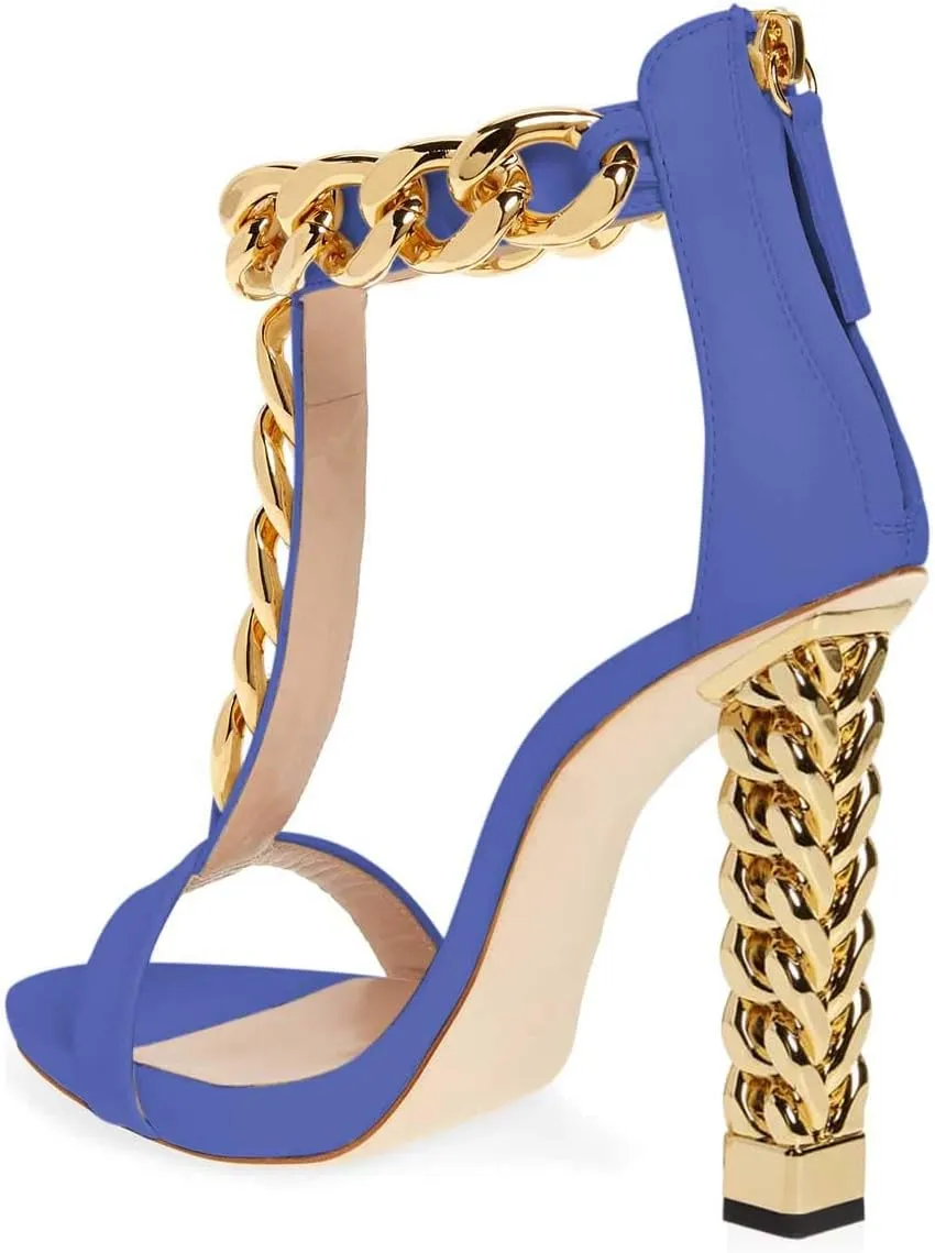FSJ Women Sexy T-Strap Gold Metal Chain Chunky High Heel Sandal Open Toe Ankle Strap Pump Back Zipper Bridal Wedding Party Shoes Size 4-15 US