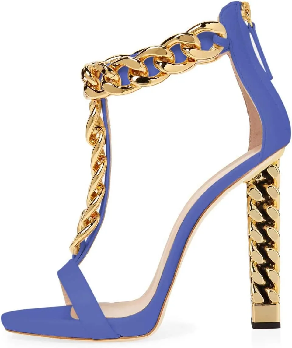 FSJ Women Sexy T-Strap Gold Metal Chain Chunky High Heel Sandal Open Toe Ankle Strap Pump Back Zipper Bridal Wedding Party Shoes Size 4-15 US