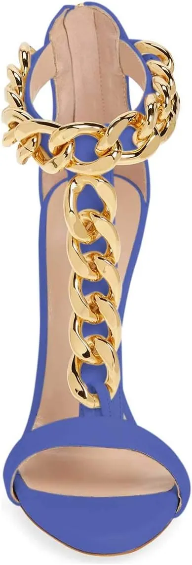 FSJ Women Sexy T-Strap Gold Metal Chain Chunky High Heel Sandal Open Toe Ankle Strap Pump Back Zipper Bridal Wedding Party Shoes Size 4-15 US