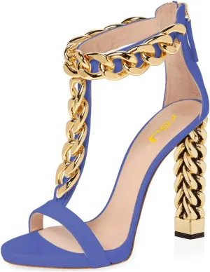FSJ Women Sexy T-Strap Gold Metal Chain Chunky High Heel Sandal Open Toe Ankle Strap Pump Back Zipper Bridal Wedding Party Shoes Size 4-15 US
