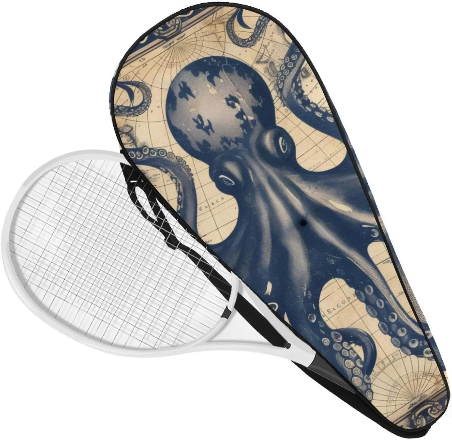 Funny Ocean Octopus Anchor Coastal Map Tennis Racquet Cover Bag Lightweight Bag with Adjustable Shoulder Strap